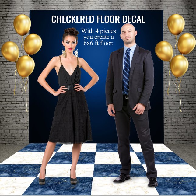 Marble Checkered Peel & Stick Blue White Seamless Floor Decals (Marble Checkered Floor Decal Peel & Stick, Luxury Event Flooring, Blue White Gold Seamless Design)
