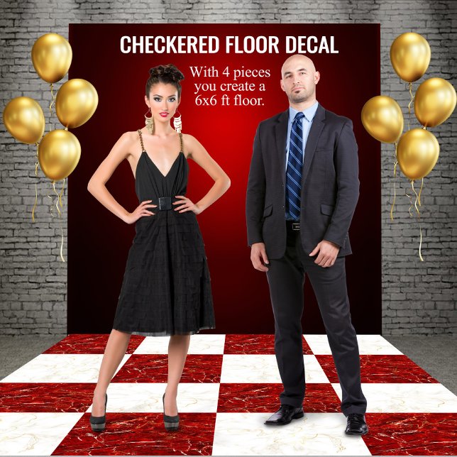 Marble Checkered Peel & Stick Red White Seamless Floor Decals (Marble Checkered Floor Decal Peel & Stick, Luxury Event Flooring, Red White Gold Seamless Design)