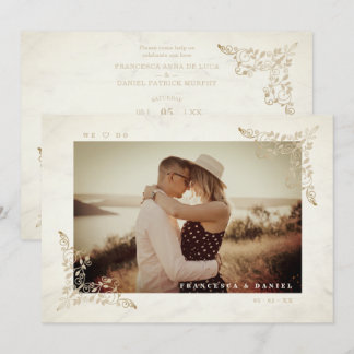 Marble Chic Golden Lace Romantic Couple Wedding Invitation