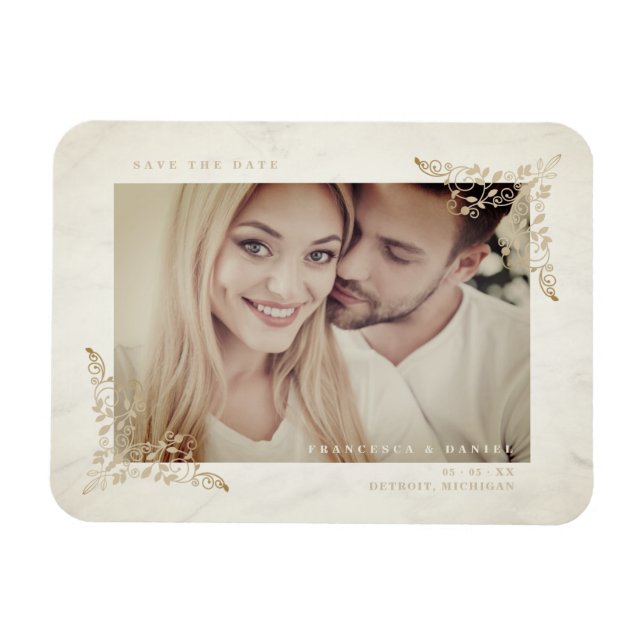 Marble Chic Golden Lace Romantic Couple Wedding Magnet (Horizontal)