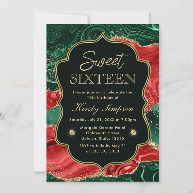 Marble Christmas Agate & Gold Glitter Sweet 16 Invitation (Front)