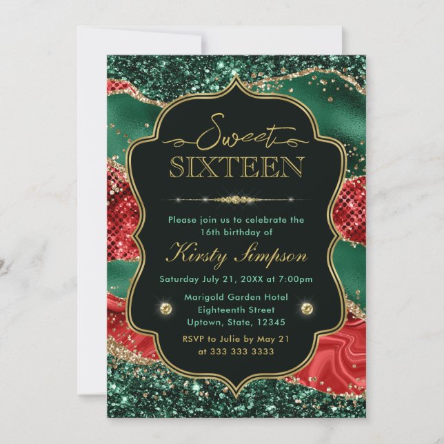Marble Christmas Agate & Gold Glitter Sweet 16 Invitation (Front)