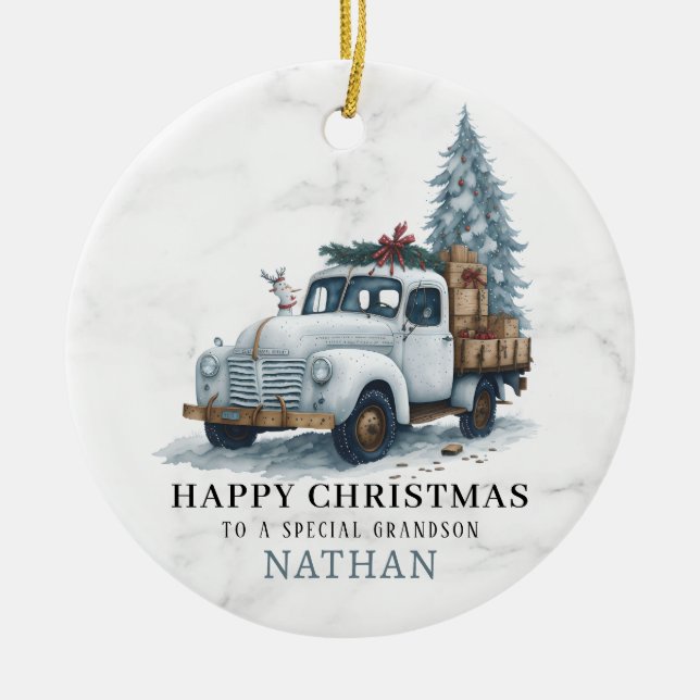 Marble Christmas Truck Ceramic Ornament (Front)