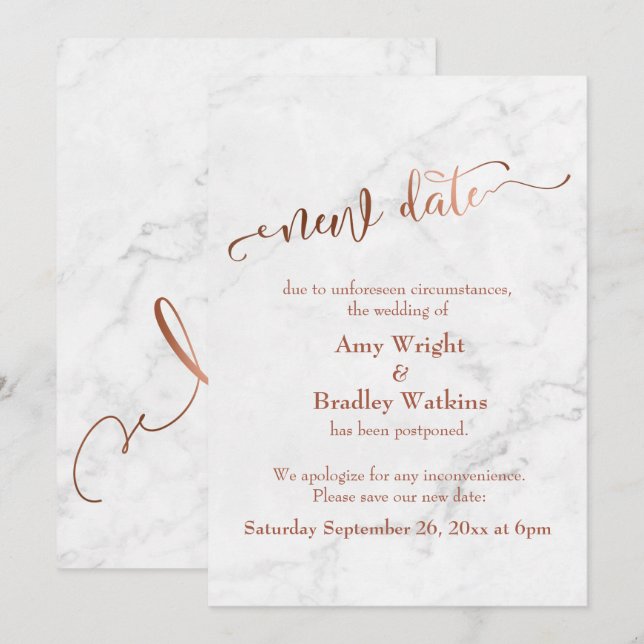 Marble Copper Postponed Wedding "New Date" Invitation (Front/Back)