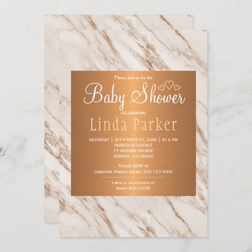 Marble copper trendy chic monogram baby shower invitation