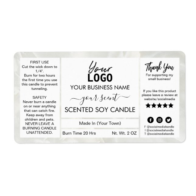 Marble Customizable Scent Scented Soy Candle Label (Front)