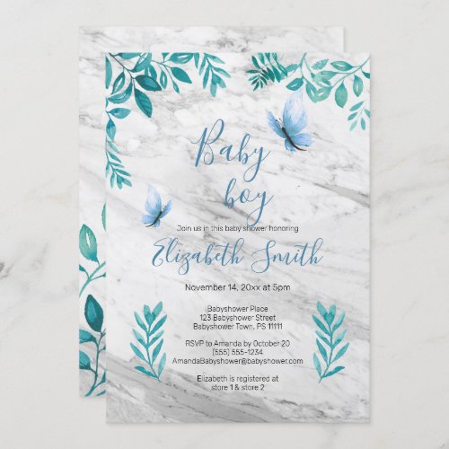 Marble cute floral watercolor blue butterfly invitation