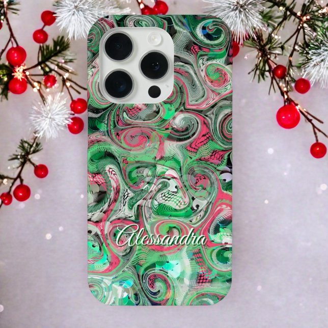 Marble cute script name festive green red white  Case-Mate iPhone case (Creator Uploaded)