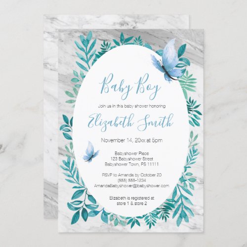 Marble cute watercolor blue butterfly babyshower invitation