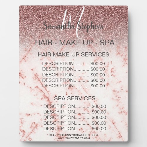 Marble Dark Pink Glitter Hair SPA Salon Price Menu Plaque