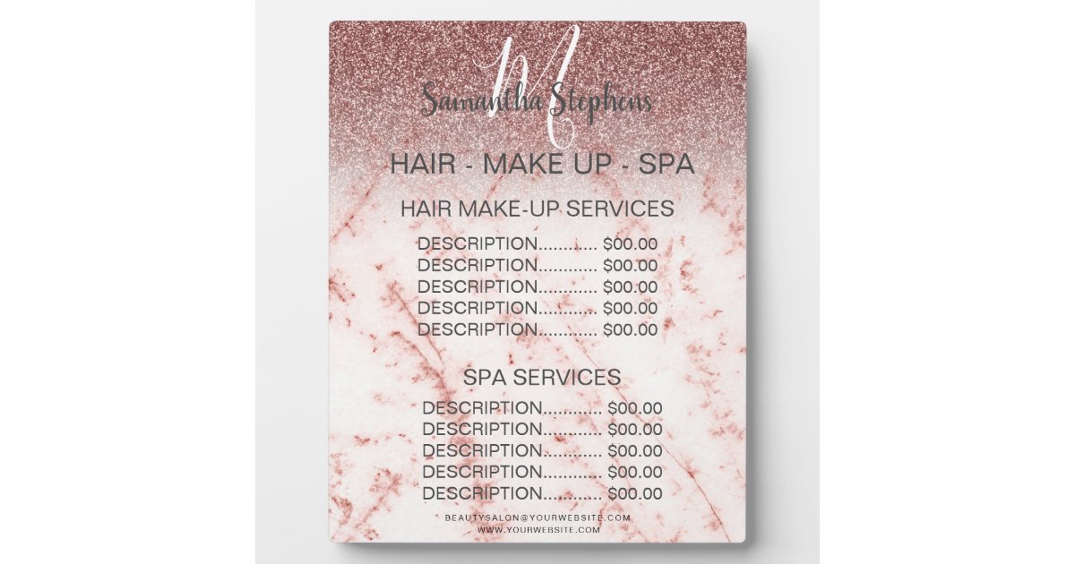 Marble Dark Pink Glitter Hair SPA Salon Price Menu Plaque | Zazzle