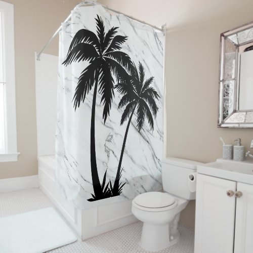 Marble Design Palm Trees Black  White Shower Curtain