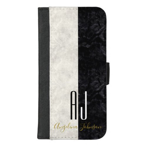 Marble Elegant Black and White Monogram Initials iPhone 87 Plus Wallet Case