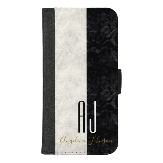 Marble Elegant Black and White Monogram Initials iPhone Wallet Case (Front)