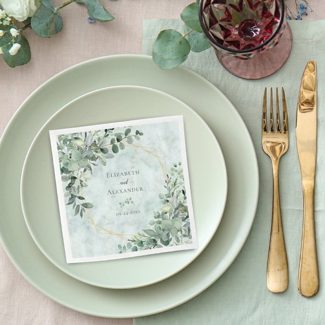 Marble Elegant Greenery Eucalyptus Gold Wedding Napkins (Creator Uploaded)