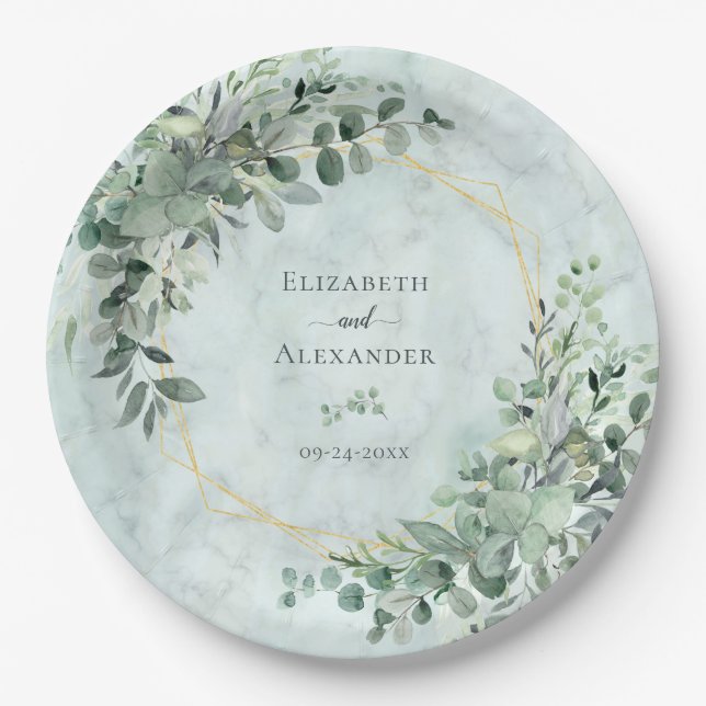 Marble Elegant Greenery Gold Geometric Wedding Paper Plates (Front)