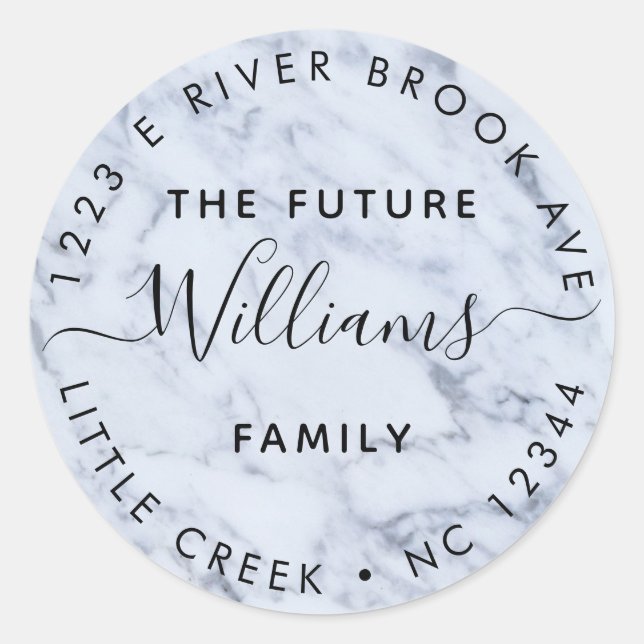 Marble | Elegant Modern Future Mr and Mrs Address Classic Round Sticker (Front)