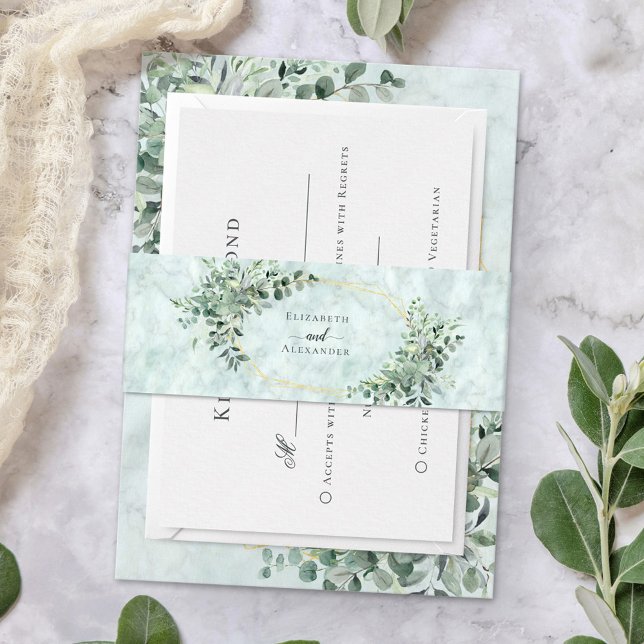 Marble Eucalyptus Greenery Gold Elegant Wedding Invitation Belly Band (Creator Uploaded)