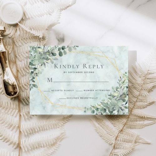 Marble Eucalyptus Greenery Gold Geometric Wedding RSVP Card