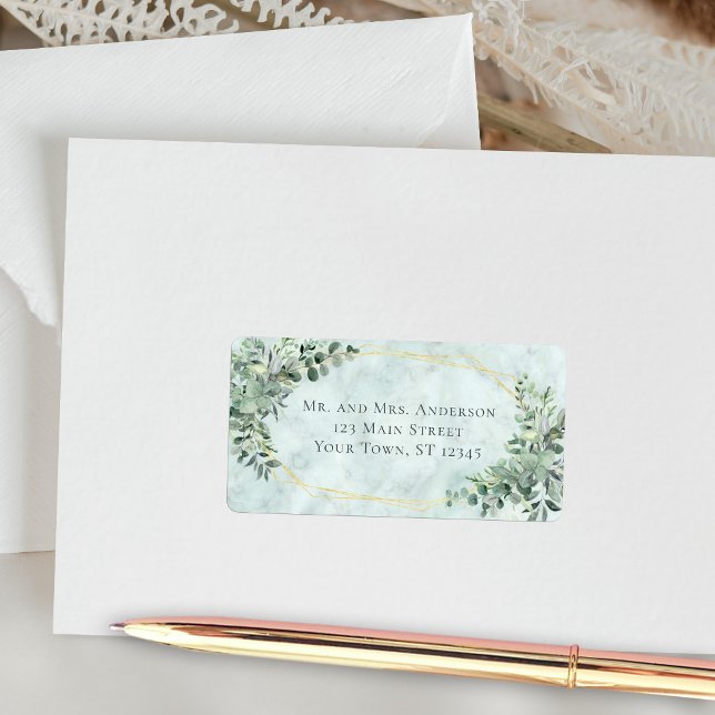 Marble Eucalyptus Greenery Gold Wedding Address Label (Creator Uploaded)
