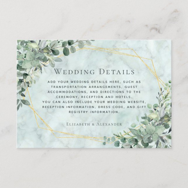 Marble Eucalyptus Greenery Gold Wedding Details Enclosure Card (Front)