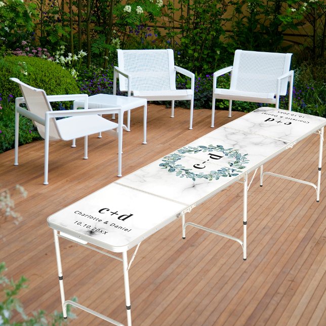 Marble eucalyptus greenery wreath monogram wedding beer pong table (Creator Uploaded)