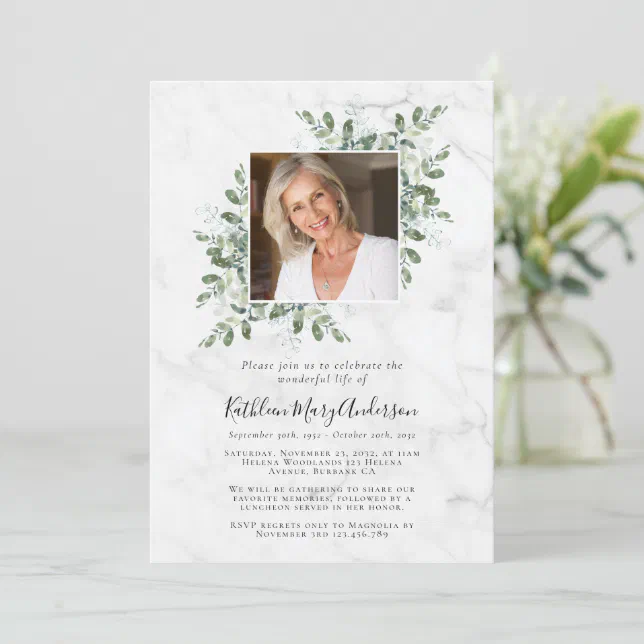 Marble Eucalyptus Photo Celebration of Life Invitation | Zazzle