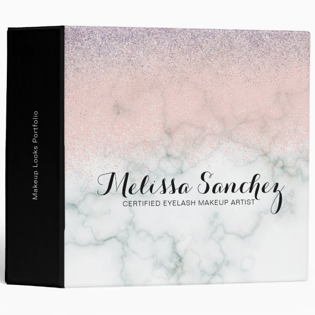 Marble Faux Glitter Makeup Artist Gradient Pink 3 Ring Binder (Front/Spine)