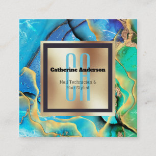 Marble faux gold blue green square monogram chic square business card