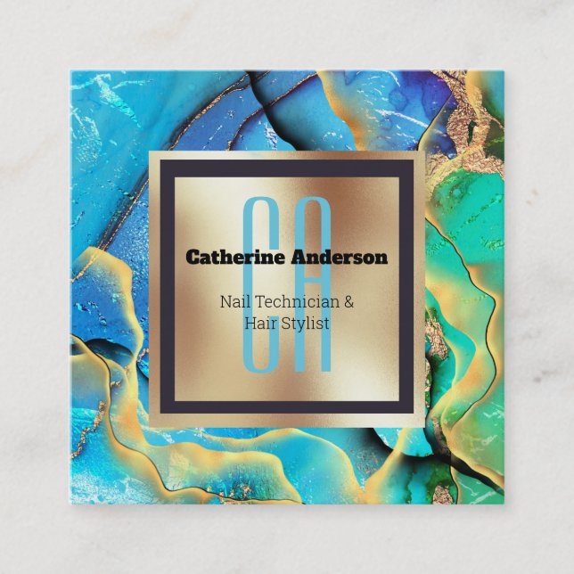 Marble faux gold blue green square monogram chic square business card (Front)