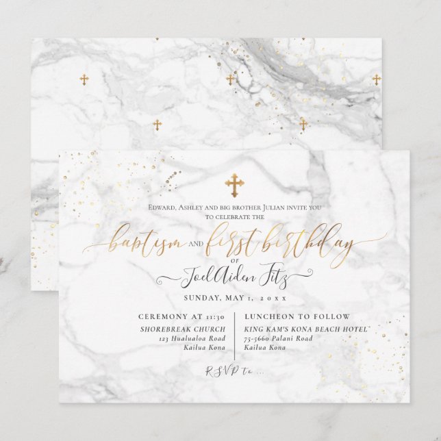 Marble Faux Gold Cross Baptism 1st Birthday Invitation (Front/Back)