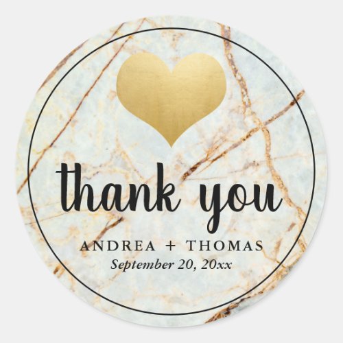 Marble Faux Gold Foil Heart Wedding Thank You Classic Round Sticker