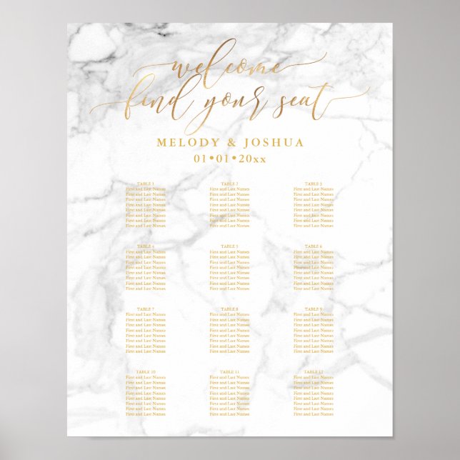 Marble+Faux Gold Script PixDezines Seating Chart (Front)