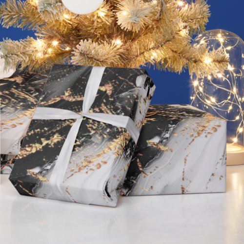 Marble faux gold vein black white elegant chic wrapping paper