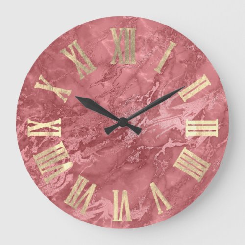 Marble Faux mauve Pink Metal Stone Roman Numbers Large Clock