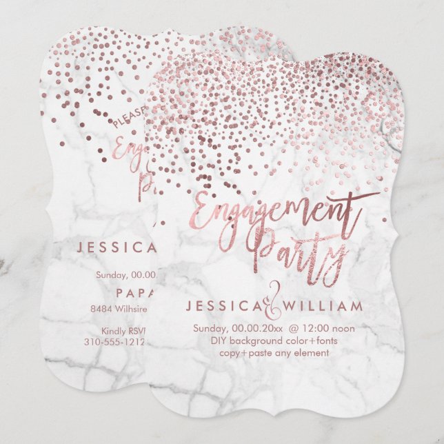 Marble Faux Rose Gold Confetti Engagement Invitation (Front/Back)