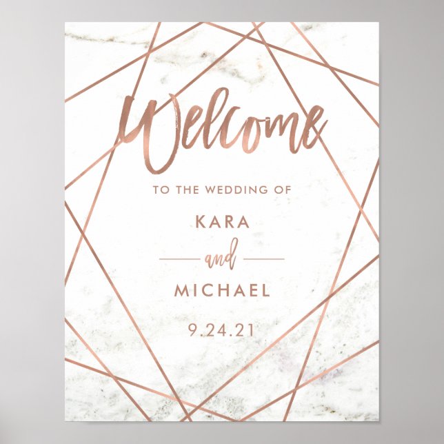 Marble Faux Rose Gold Geometric Wedding Welcome Poster (Front)