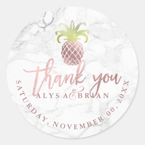 MarbleFaux Rose Gold Pineapple Thank You Classic Round Sticker