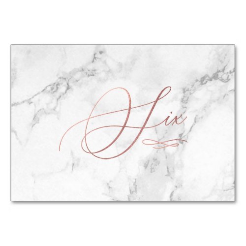 Marble Faux Rose Gold Romantic Calligraphy Six 6 Table Number