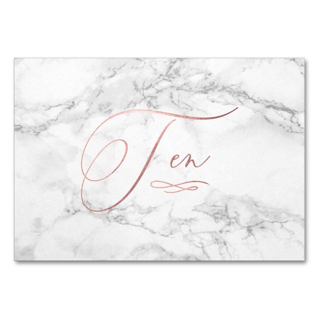 Marble Faux Rose Gold Romantic Calligraphy Ten 10 Table Number (Front)