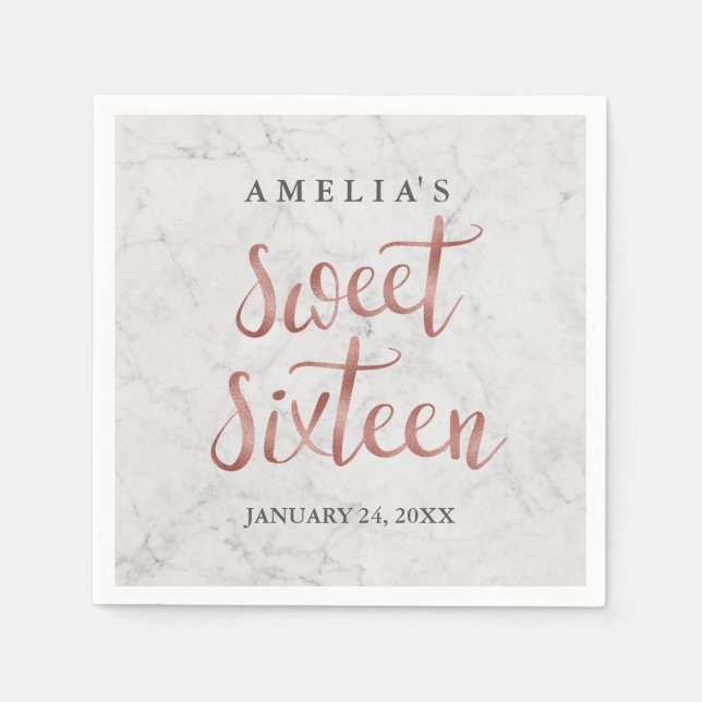 Marble Faux Rose Gold Sweet Sixteen Napkin (Front)
