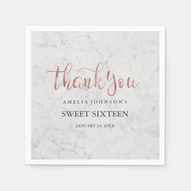 Marble Faux Rose Gold Thank You Sweet Sixteen Paper Napkins (Front)
