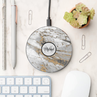 Marble Finish Gold Flecks and Grey Veining Wireless Charger