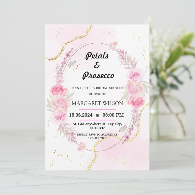 Marble Floral Petals and Prosecco Bridal Shower  Invitation (Standing Front)