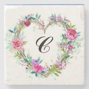 Marble floral wreath coaster with initial