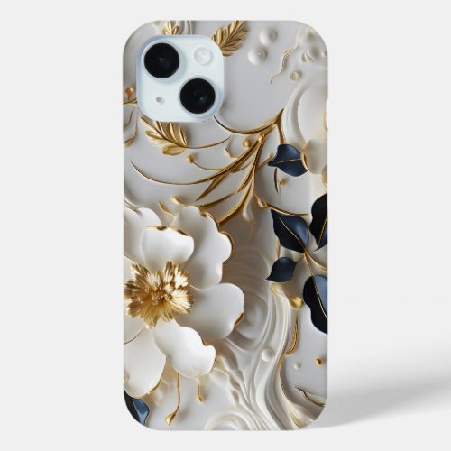 Marble flowers and leaves blue gold iPhone 15 case