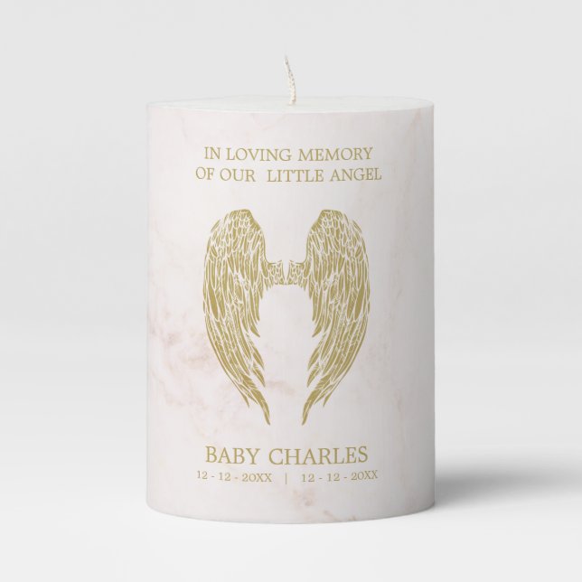 Marble Funeral Dear One Memorial Angel Wings Pillar Candle (Front)