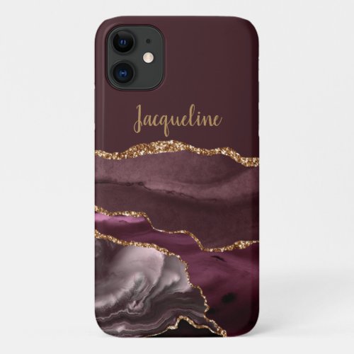 Marble Geode Burgundy Gold Dusty Pink Script Name iPhone 11 Case