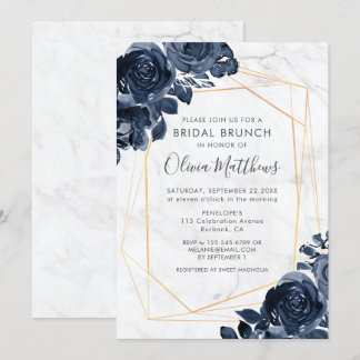 Marble Geometric Gold Blue Roses Bridal Brunch Invitation