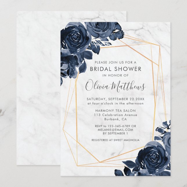 Marble Geometric Gold Blue Roses Bridal Shower Invitation (Front/Back)